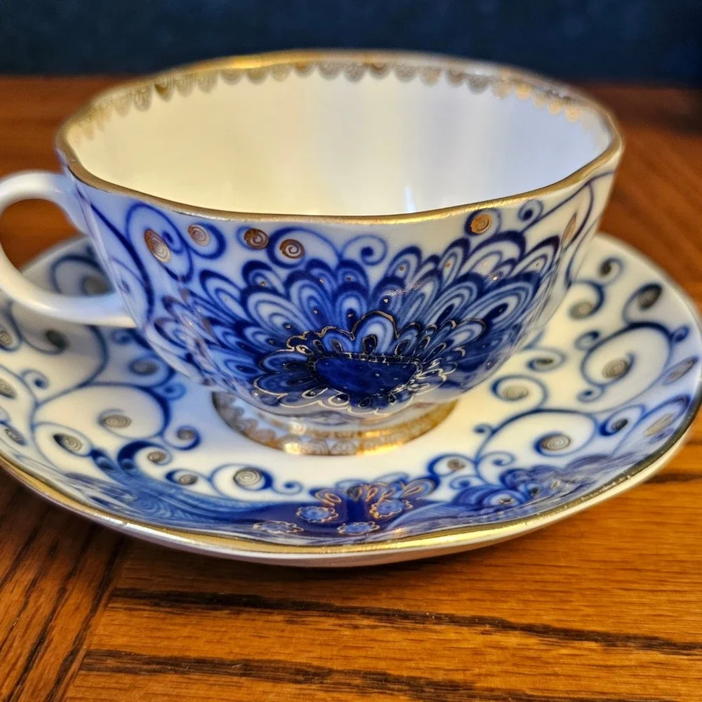 Lomonosov Imperial Porcelain Firebird Tea Cup Saucer Set Cobalt Blue Gold USSR